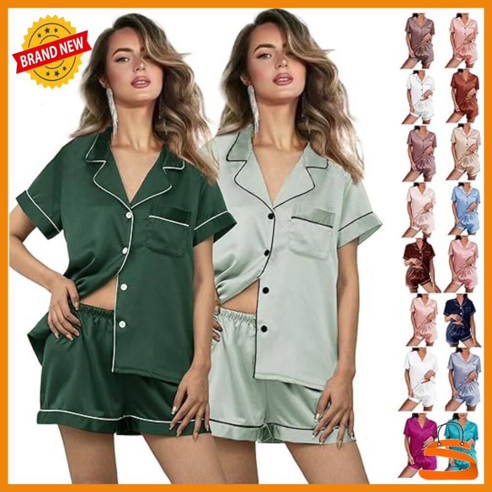 Silk Satin Pajama Set Short Sleeve Lounge Sleepwear Xs-2xl